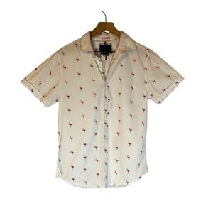 Denim & Flower Women's Medium White Pink Flamingo Print Short Sleeve Button Up